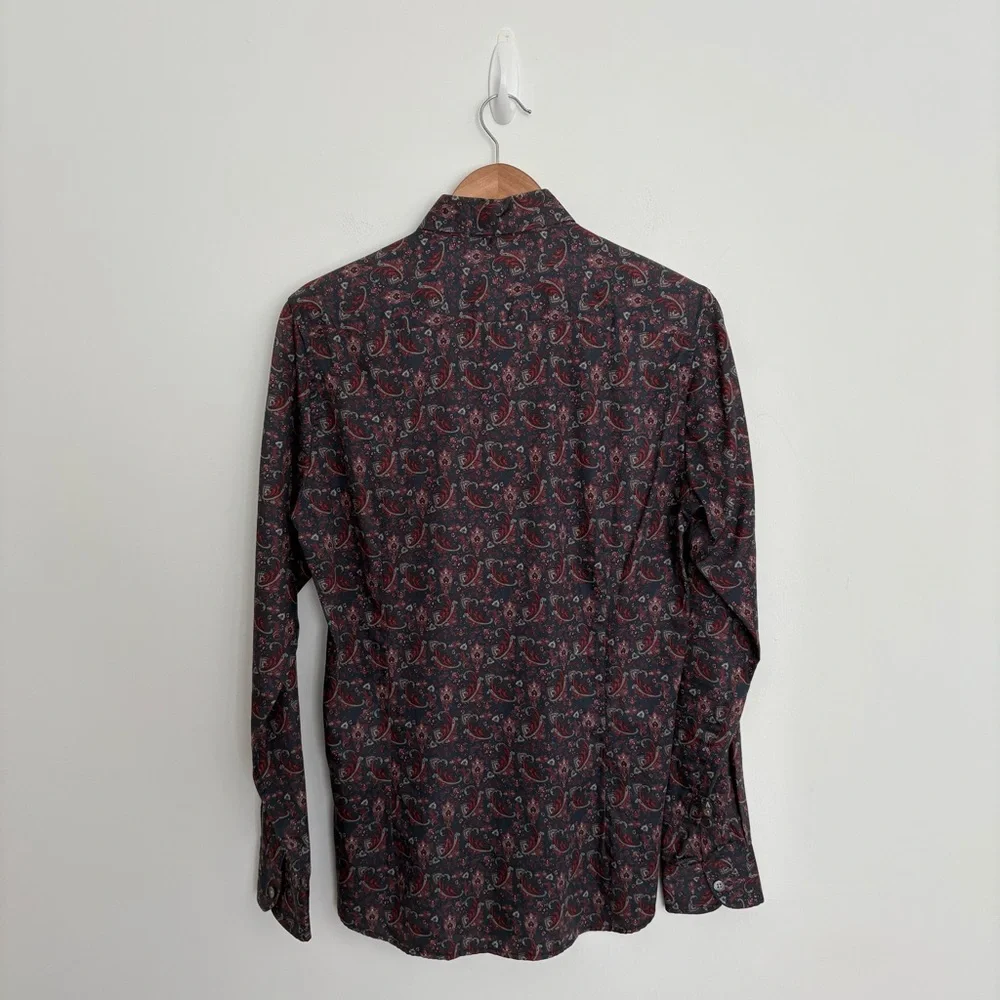 Ted Baker Mens Paisley Long Sleeve Shirt Size 2 36 Small Navy Blue Burgundy - Picture 2 of 13